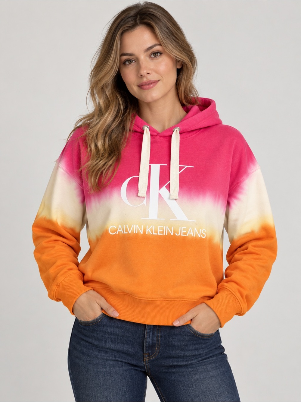 Calvin Klein Jeans Pink Orange Ombre Logo Hoodie Size S